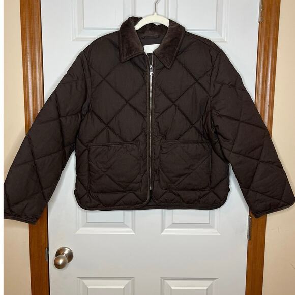 H&M Women Small Quilted Jacket Dark Brown Corduroy Collar Boxy Fit - Picture 2 of 11